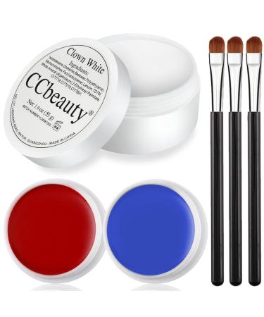 CCbeauty Large Clown White(1.9Oz) Blue Red Face Body Paint Cream Foundation with 3 Brushes for Clown Joker Makeup in Halloween Special Effects SFX Cosplay Costume Parties