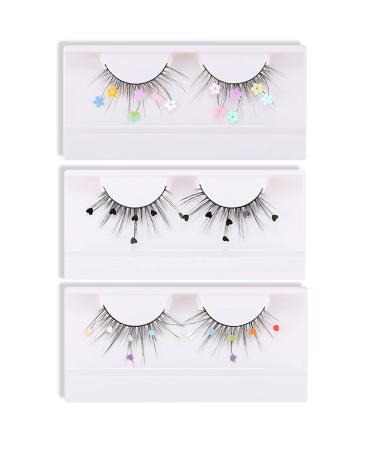 Skynest False Eyelashes  Dramatic Glitter Sequin Lashes with Colorful Heart/Black Heart/Colorful Flower Makeup DIY Lashes Decorative for New Year Christmas Halloweens Cosplay Party(3 Pairs)