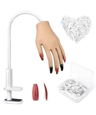 Practice Hand for Acrylic Nails, Nail Tips Never Fall Off, Flexible Hand Nails Practice, Fingers Never Break, Fake Nail Training Hand, Manicure Hand Practice with 100Pcs Nail Tips for Nails Practice