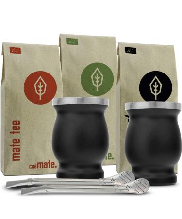 Mate Tea Set Organic 3 types of mate + 2 double-walled stainless steel mate cups + 2 bombillas + preparation instructions (black)