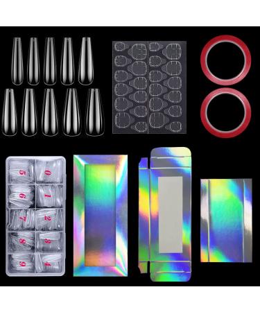 NOVAL Press on Nails Packaging Box Set-10 Sets Empty Display Packing Box500PCS ABS Full Cover Coffin Nail Tips 20 Sheets Nail Sticker Adhesive Tabs and 2 Double Sided Tapes for Home DIY Handmade
