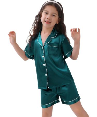 SWOMOG Kids Silk Pyjamas Set - Short Sleeve Satin PJs for Boys & Girls | Button-Down Silky Nightwear | Children Sleepwear for Ages 6-7 | Green - Buy Online on SooperMarket.com