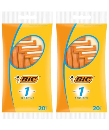 BIC 1 sensitive razor men 20 disposable razors with 1 blade each grooved plastic handle ideal for on the go (pack of 2) 20 pieces (2 -pack)