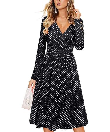 OUGES Women's Spring Casual Midi Dress Long Sleeve V-Neck Floral Ladies Wrap Dress with Pockets S Color01