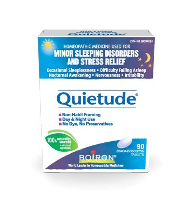 Boiron Quietude 90 tablets Great for sleep and minor sleeping disorders (restlessness difficulty falling asleep nocturnal awakening occasional sleeplessness) and nervousness (hypersensitivity irritability). Homeopathic Medicine.