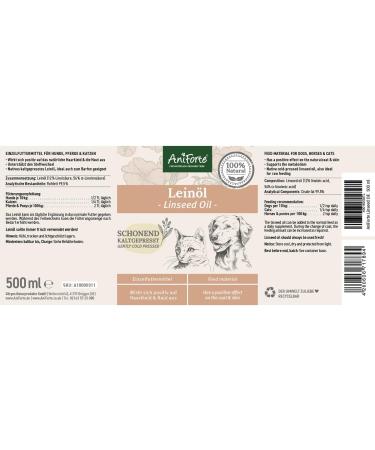 AniForte Linseed Oil for Dogs & Cats 500ml - Cold-Pressed Omega 3 & 6 Fatty Acids | Ideal BARF Diet Supplement - Buy Online on SooperMarket.com
