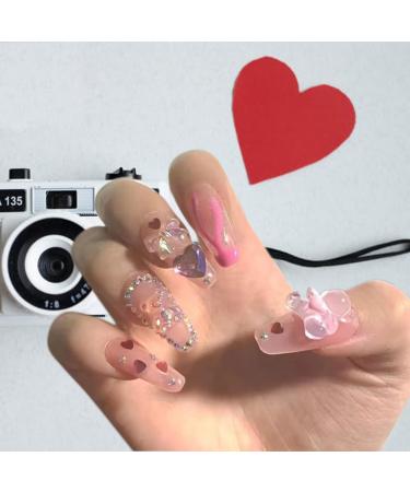 Nude Heart Press on Nails Medium Acrylic Press on Fake Nails 24 Pieces Bear Diamond Coffin False Nails Glossy Full Cover Fake Nails with Nail Glue Tabs Stick on Nails for women JP1360-Fake Nails