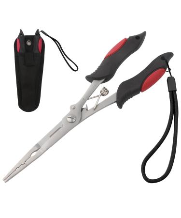 Hikary Long Nose Fishing Pliers,Ice Fishing Gear,Stainless Steel Hook Remover Braid Cutter Rustproof Fishing Multi-Tools Fishing Gripper for Freshwater Saltwater Red-8.8inches