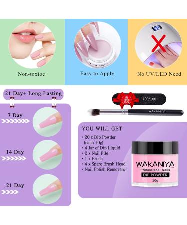 Wakaniya Dip Powder Nail Kit - 20 Colors Glitter Starter Kit for Beginners | Nail Dipping Powder Set with Activator, Top Coat, Base | Professional DIY Nail Art - Buy Online on SooperMarket.com