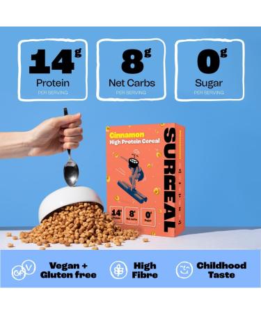 Surreal Cinnamon - High Protein Cereal 6 Pack - Low Sugar- Healthy Plant Based Cereal - High in Fibre - Low Carb - Gluten Free - Vegan - 13g of Protein 0g of Sugar - 240g per Box - Buy Online on SooperMarket.com