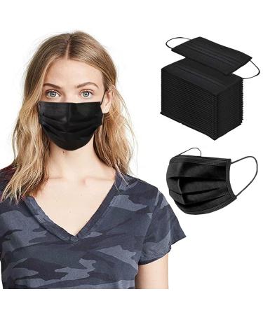 Black Disposable Face Masks 100Pcs Adult Face Mask 3 Ply Safety Mouth-Cover with Elastic Earloops Breathable Face Protection for Men & WomenNon-Medical no Filter