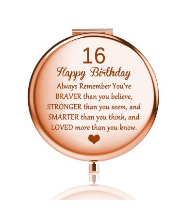 FUSTMW Happy 16th Birthday Gifts Mirror 16 Birthday Gifts for Girls 16 Year Old Birthday Gifts Compact Pocket Makeup Mirror Sweet 16 Inspirational Gifts (Rose Gold)