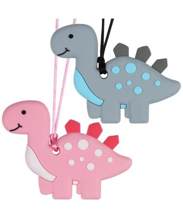 Nearbyme Baby Teething Necklace Silicone Chewable Teether Necklace for Babies Toddlers Sensory Oral Motor Chew Tool for Aggressive Chewer (2PACK Gray/Pink)