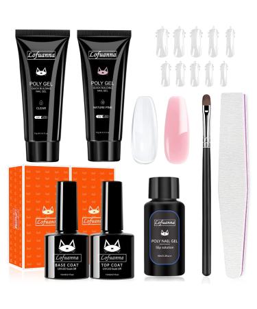 Lofuanna Poly Gel Nail Kit-2 Colors Gel Extension Nail Kit Starter kit 15ML Clear&Natural Pink Colors Builder Gel With Slip Solution All-in-one Nail Gel Kit Nail Art Design for Beginner