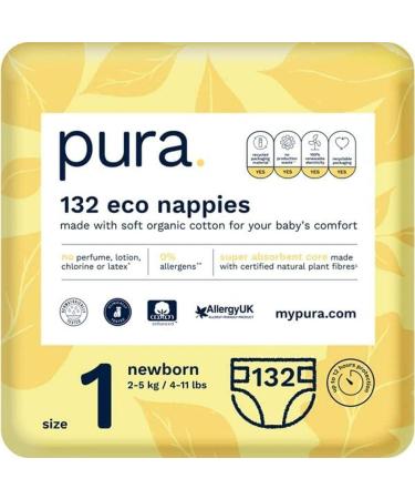 Pura eco-diapers size 1 (newborn 2-5 kg) 132 diapers (6 x 22 p Pack) monthly box with EU Ecolabel xertified for sensitive skin made of organic cotton odorless moisture indicator size 1 (132 diapers)