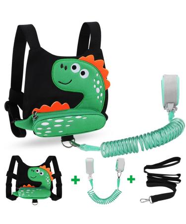 3 in 1 Toddler Harness Leash + Baby Anti Lost Wrist Link, Accmor Cute Dinosaur Child Safety Harness Tether, Kids Walking Wristband Assistant Strap Belt for Parent Boys Outdoor Activity (Black)