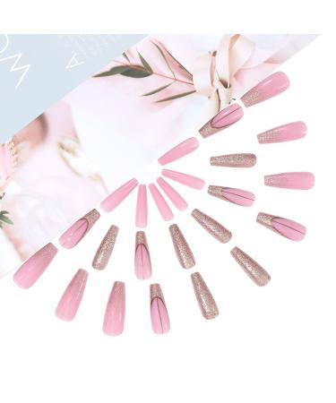 Brishow Long Gold Glitter Press-On Nails - 24 Ballerina Acrylic Pink False Nails for Women & Girls | Premium Quality Artificial Nails - Buy Online on SooperMarket.com