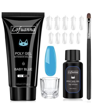 Lofuanna poly nail gel set-60ml blue nail extension gel all-in-one set nail gel kit for nails with slip solution nail form nail brush glass cup nail art design for beginners cc