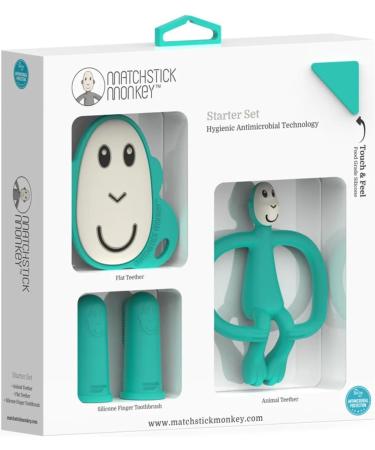 Matchstick Monkey Antimicrobial Teething Starter Set - Green Monkey Set for Babies 3 Months+, Includes 1 Flat Face Teether, 1 Animal Teether, and 2 Silicone Finger Toothbrushes - Buy Online on SooperMarket.com