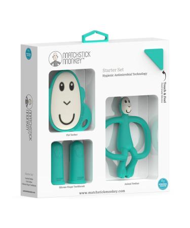 Matchstick Monkey Antimicrobial Teething Starter Set - 1 Flat Face Teether 1 Animal Teether 2 Silicone Finger Toothbrushes 3 Months Old+ Green Monkey Green Monkey Set 3 Months Old+