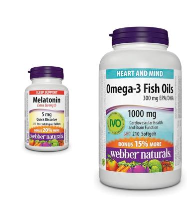Webber Naturals Melatonin 5 mg Extra Strength (144 Quick Dissolve Tablets) + Omega-3 Fish Oil 1 000 mg (210 Softgels) 144 Melatonin + Oil 1 000 mg