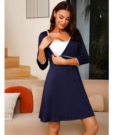 Sykooria Women's Cotton Nursing Nightdress | 3/4 Sleeves Maternity Labour Nightgown - Navy Blue XL - Buy Online on SooperMarket.com