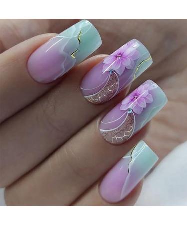 Press on Nail Square Medium Artificial Acrylic Nails Marble Pattern False Nails Gradient Flower Design French Fake Nails Full Cover Glossy Reusable Coffin Nails Glue on Nails for Women 24Pcs