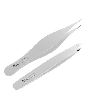 Tweezty Tweezer Set of Slanted Tweezers and Precision Tweezers - Stainless Steel Pointed Tweezers for Ingrown Hair, Eyebrow Plucking, and Blackhead and Splinter Removal Silver