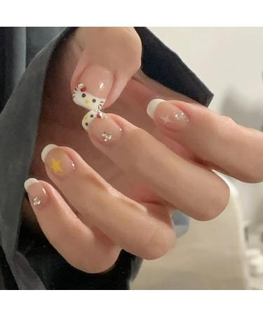 Cute False Nails French White Kitty Stick on Nails 24pcs Short Square Press On Nails with Glue Kitty Design Sweet Fake Nails for Kids Women Girls Maggidea Press On Nail (French Kitty) - Buy Online on SooperMarket.com