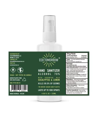 Vegan Hand Sanitizer Spray | EcoTomorrow | Kills 99.9% of Germs | Natural Formula with Essential Oils | Eucalyptus & Lemon | 4.06oz Bottle - Buy Online on SooperMarket.com