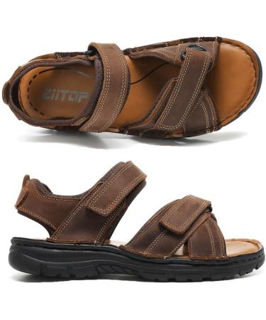 Ziitop Men's Leather Sandals - Slip-Resistant Outdoor Beach & Trekking Shoes - Adjustable Velcro - Size 46 EU - Dark Brown - Buy Online on SooperMarket.com