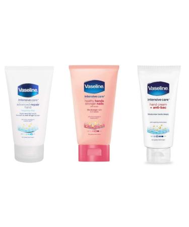 Vaseline Intensive Care Hand Cream Set of 3. Hand Cream + Anti Bac 75ml Healthy Hands Stronger Nails 75ml Advanced Repair Hand Cream 75ml. Perfect for the Bathroom or in the Bag on the Go!