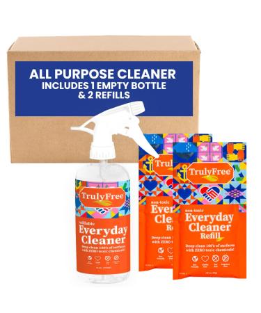 Truly Free Everyday Cleaner - All Purpose Natural Cleaner Spray Household Cleaning Supplies - 16oz Empty Spray Bottle 2 Refills (3 oz Each) Starter Kit
