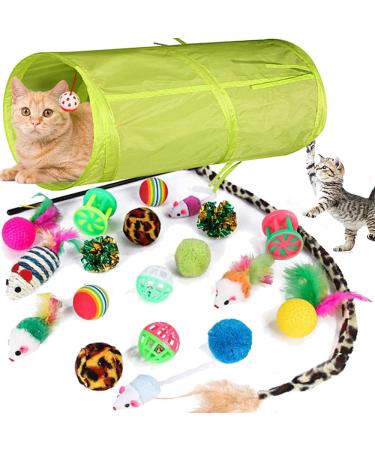 21 Pcs Cat Toys for Indoor Cats Adults Kitten Toys for Indoor Cats Cat Tunnel Toys Cat Toys Set Feather Wand Ball Toy for Kitten Cats Green