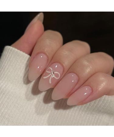 Light Pink Press on Nails Short Glossy Solid Color Fake Nails Full Cover False Nails Design with Bow Tie Short Nude Sweet Stick on Nails for Women&Girls Nail Art Decorations 24Pcs style 14