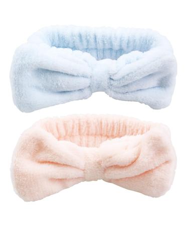 Headband for Washing Face and Makeup 2 Pieces Elastic Bow Tie Hairband for Shower Sports Spa Skincare Beauty Head Wraps Hair Accessories for Women Girls Men Boys Pink and Blue