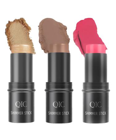 Go Ho 3PCS Contour Stick Fack Blush Set Cream Contour Highlighter Blush Stick 3 Colors Kit Contouring Face Foundation Makeup for Daily Wear- Shimmer Highlighter Rose Blush & Bronzer Shading Contour