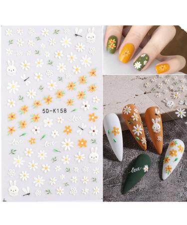 Daisy Embossed 5D Nail Art Stickers - Spring Flower & Rabbit Design | Self-Adhesive Decor for Women & Girls - 3 Sheets - Buy Online on SooperMarket.com