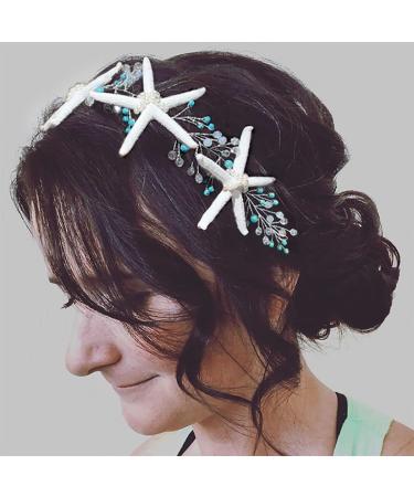 EASEDAILY Starfish Bride Wedding Hair Vine Silver Turquoise Bridal Headpieces Rhinestone Headband Beach Hair Accessories for Women and Girls