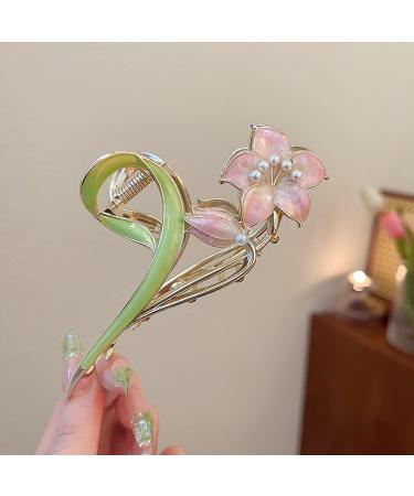 Gold Metal Lily Flower Hair Clip - Pink Floral Barrette for Strong Hold - Cute Fashion Hair Accessory for Thick & Thin Hair - Buy Online on SooperMarket.com