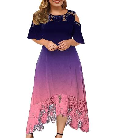 Plus Size Summer Dress for Women - Gradient Print, Lace Detail, Short Sleeve, Loose Fit - 3X-Large Purple - Buy Online on SooperMarket.com