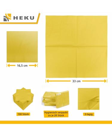 HEKU 100 High-Quality Yellow 3-Layer Napkins | 33x33cm | 5-Pack for Events & Gastronomy | Highly Absorbent and Stylish - Buy Online on SooperMarket.com