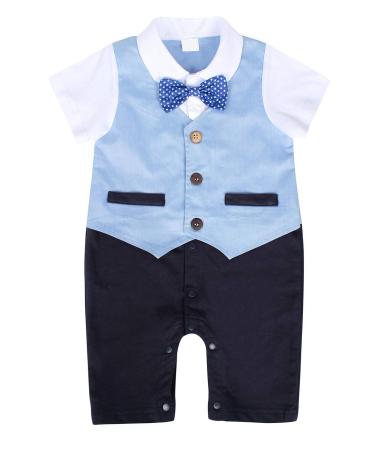 AmzBarley Baby Boys Gentlemans Outfit Suit Kids Long/Short Sleeve Dress Shirt Pants Vest Bowtie Tuxedo Rompers Childs Birthday Evening Holiday Party Blue 098 12-18 Months
