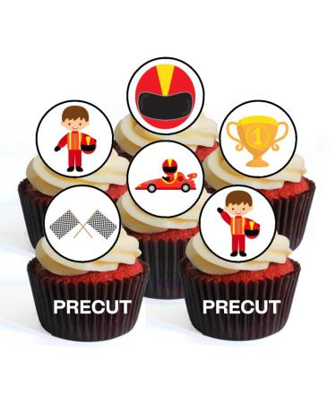 PRECUT Car Racing Edible Cupcake Toppers - Race Cars Theme #2 Premium Thickness SWEETENED VANILLA - wafer card disc cake decorations (Pack of 24)