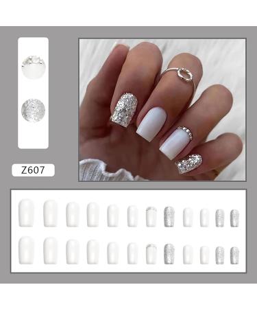 Square Press On Nails Short White Fake Nails | Glue On Acrylic False Nails with Matte Finish & Sequin Designs | 24Pcs Set for Women & Girls - Buy Online on SooperMarket.com