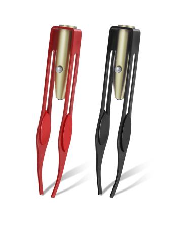 Fuyamp 2Pcs Tweezers with LED Light Hair Removal Lighted Tweezers Makeup Tweezers with Light Tools Stainless Steel Tweezers for Men Women Precision Eyebrow Eyelash Hair Removal(Black and Red)
