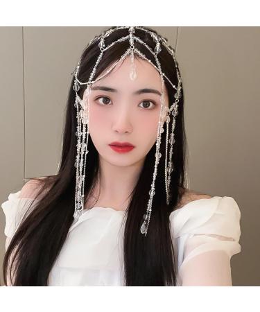 Wiwpar Boho Crystal Long Chain Tassel Headpiece Layered Tassel Hair Chain Sparkle Rhinestone Forehead Headband Wedding Headpiece Festival Costume Hair Accessories for women Girls