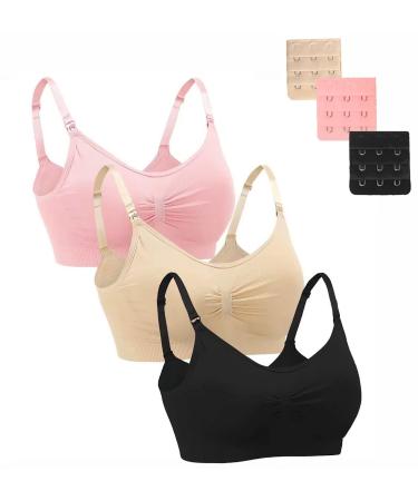 Dreamburn Maternity Nursing Bra Wireless Seamless Comfortable Breastfeeding Bras 4 Rows Adjust Hook with Removable Spill Prevention Pads Add Extenders M Black+biege+pink Style1