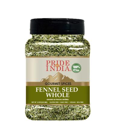 Pride of India  Fennel Seed Whole  Gourmet Spice  Fresh & Aromatic  Mouth Freshener  GMO/Gluten Free  Flavoring for bakes, meat & more  Easy to Use  8 oz. Medium Dual Sifter Jar