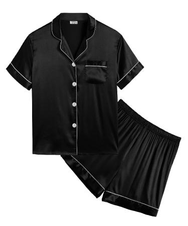 SWOMOG Kids Silk Pyjamas Girls Boys Short Sleeve Satin PJs Sets Button-Down Silky Nightwear Children Sleepwear Teens Age 4-16 6-7 Years Black